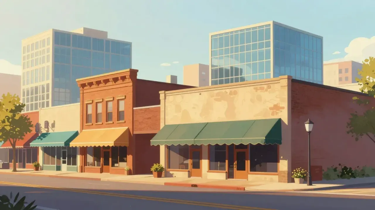 Illustration of storefronts on a small-town main street