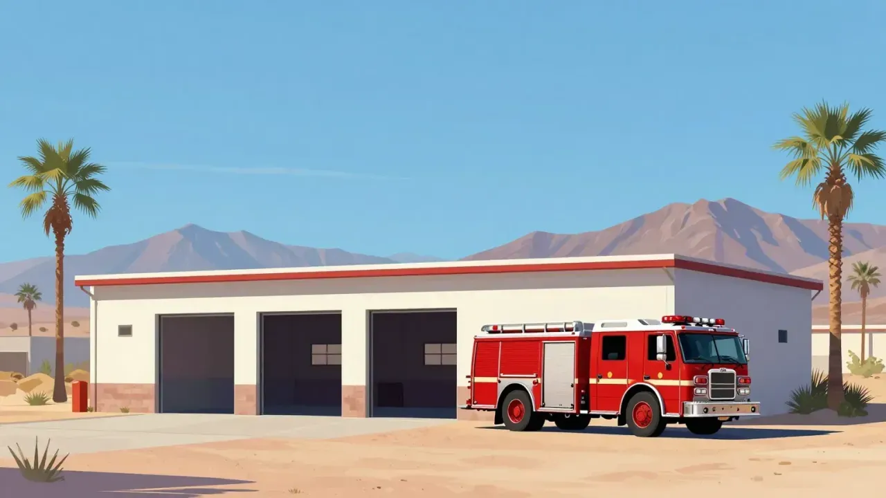 Illustration of a desert fire station with a red fire engine out front