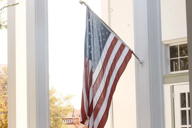 American flag outside the historic Boulder Dam Hotel in Boulder City, Nevada