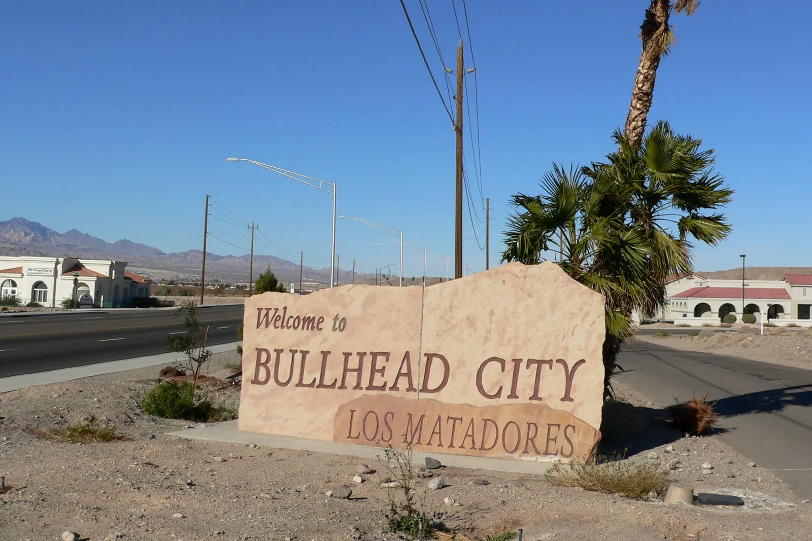 "Welcome to Bullhead City" monument sign beside a highway, Bullhead City, Arizona