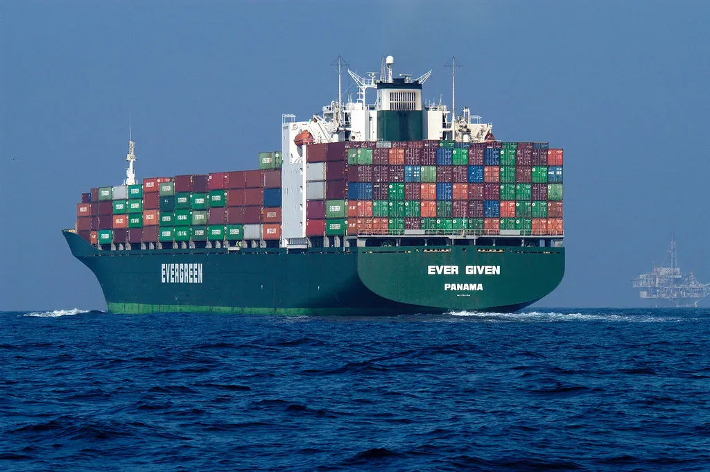 A fully loaded container ship at sea