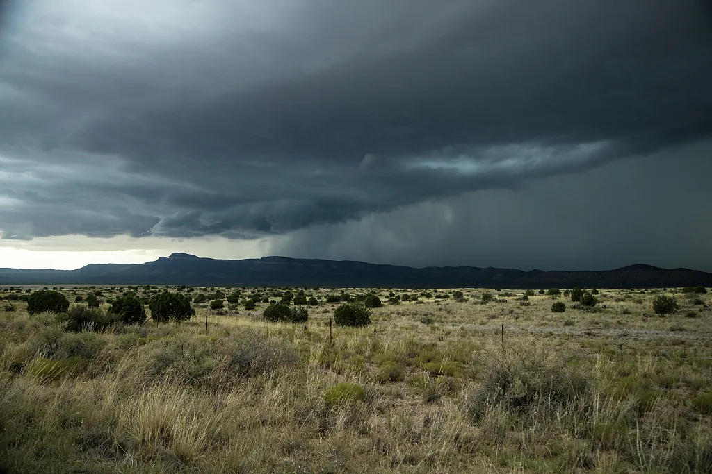 A thunderstorm drenching the high desert near Truxton in Mohave County, Arizona