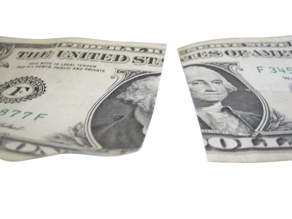 Torn U.S. one-dollar bill on a white background