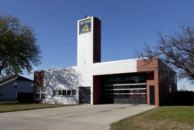 Fire Station 4 in Columbus, Indiana, with its tower and apparatus bay