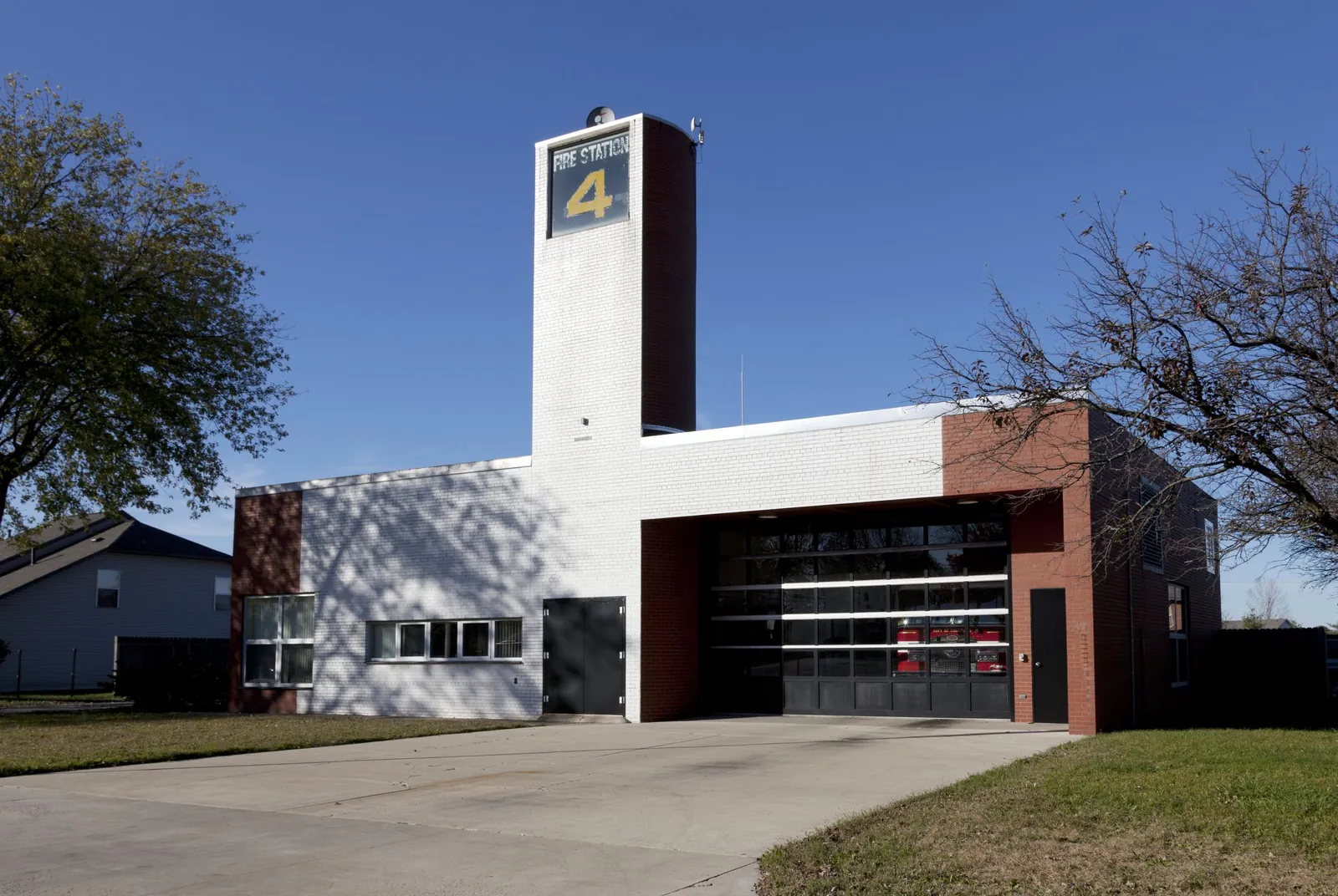 Fire Station 4 in Columbus, Indiana, with its tower and apparatus bay