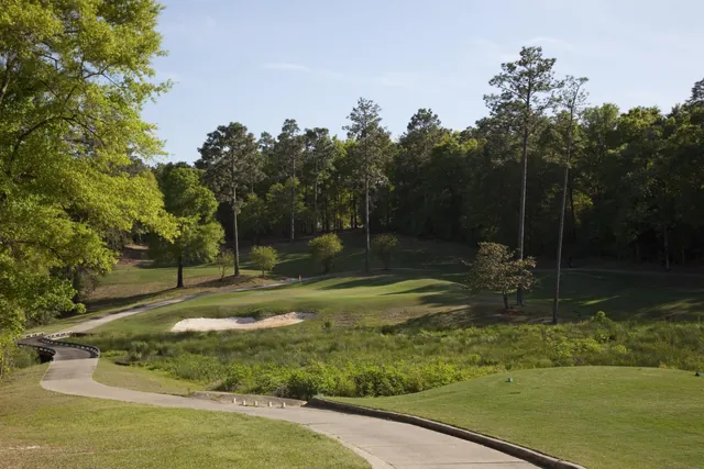 Tree-lined fairway and cart path at a golf course in Mobile, Alabama