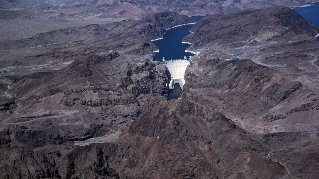 Aerial view of Hoover Dam and the Colorado River canyon between Nevada and Arizona