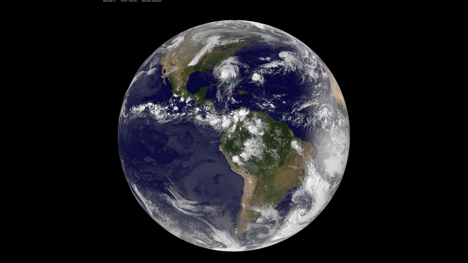 Satellite view of Hurricane Matthew over the Caribbean on a full-disk Earth image