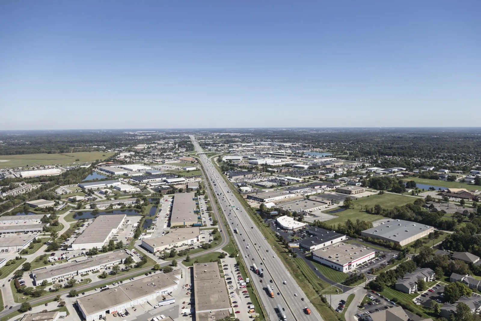Interstate 69 running through suburban Fishers, Indiana, from the air