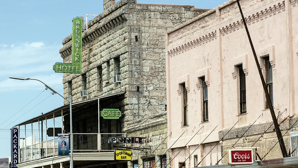 Historic buildings including the 1909 Brunswick Hotel in downtown Kingman, Arizona