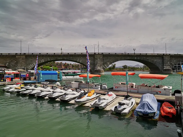 Boat docks below the London Bridge in Lake Havasu City, Arizona
