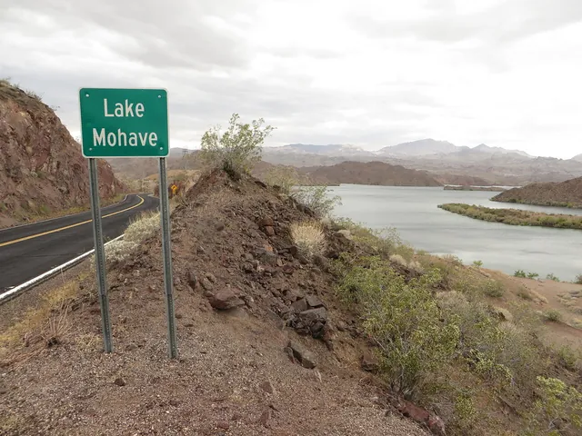 Lake Mohave road sign beside a highway above the lake near Bullhead City