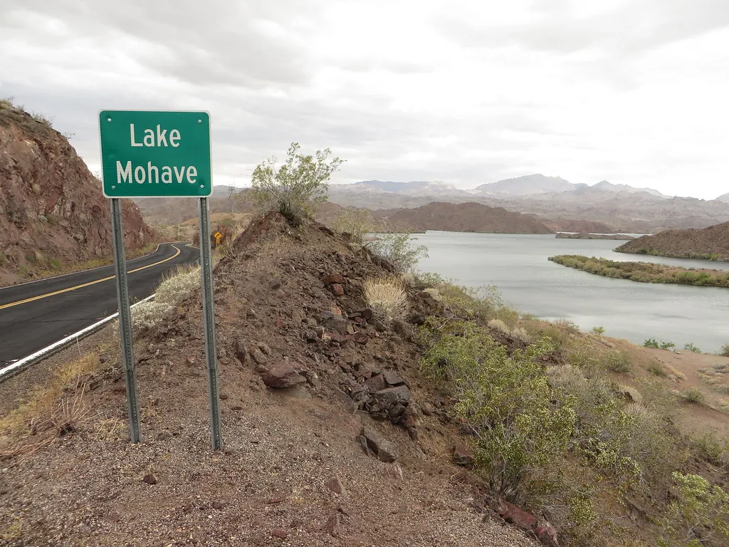 Lake Mohave road sign beside a highway above the lake near Bullhead City