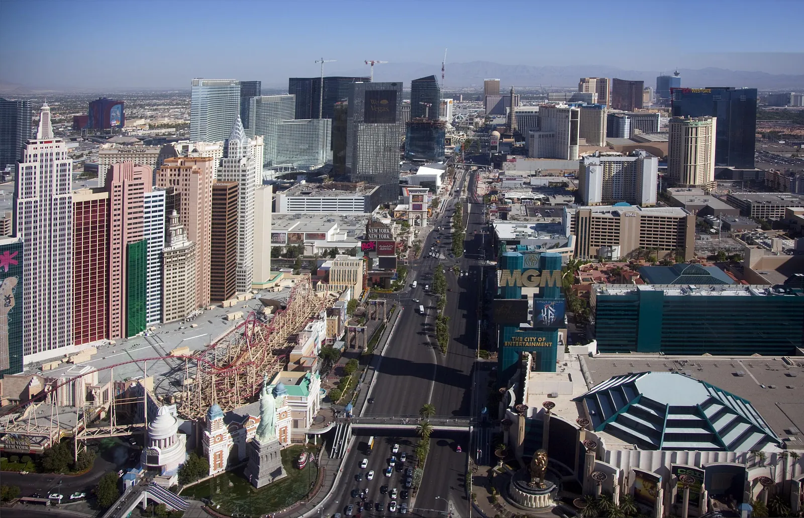 Daytime aerial view of hotel towers along the Las Vegas Strip