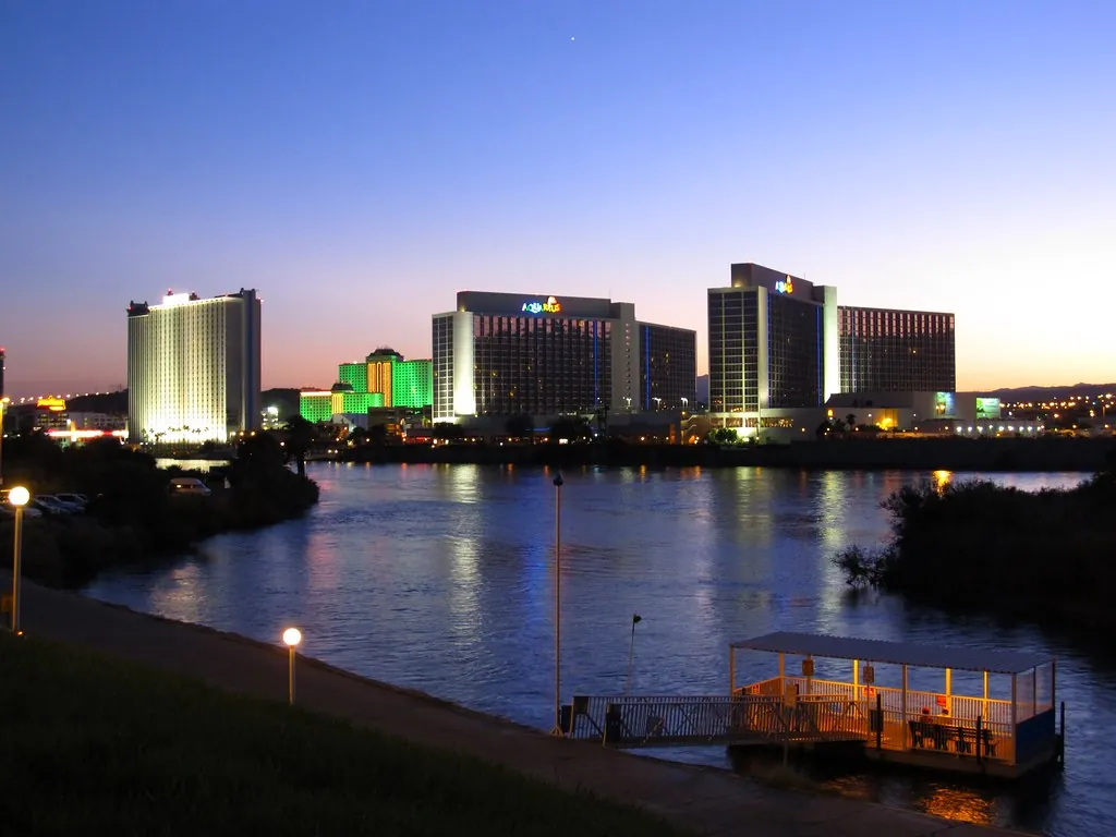 Laughlin, Nevada resort towers lit at dusk along the Colorado River