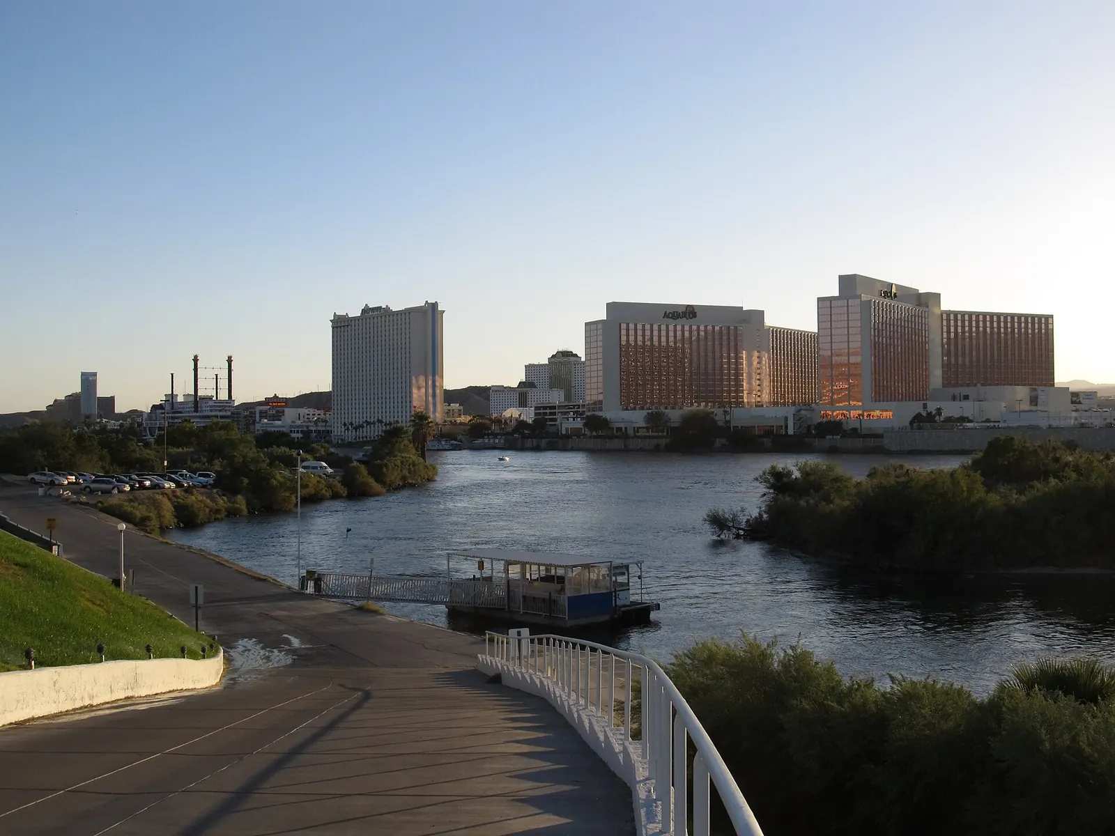 Riverwalk and resort towers along the Colorado River in Laughlin, Nevada