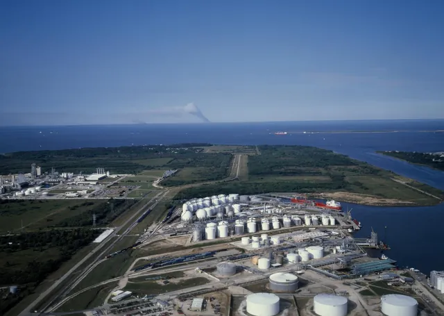 Aerial view of refinery storage tanks near Houston on the Gulf coast