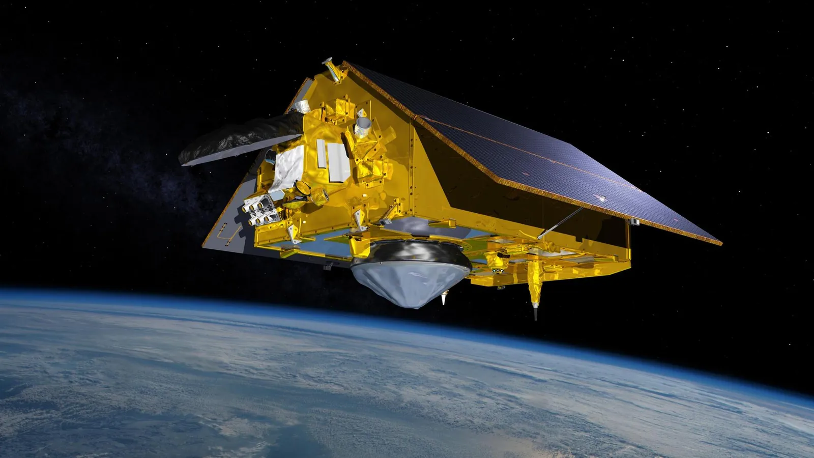 Illustration of the Sentinel-6 Michael Freilich satellite orbiting above Earth
