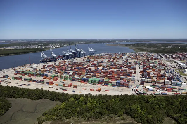 Aerial view of a shipping-container yard at the port in Charleston, South Carolina
