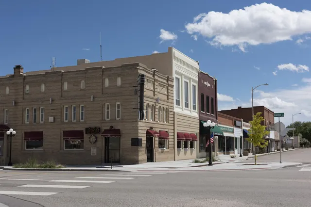 Main Street storefronts in the small town of Fowler, Colorado