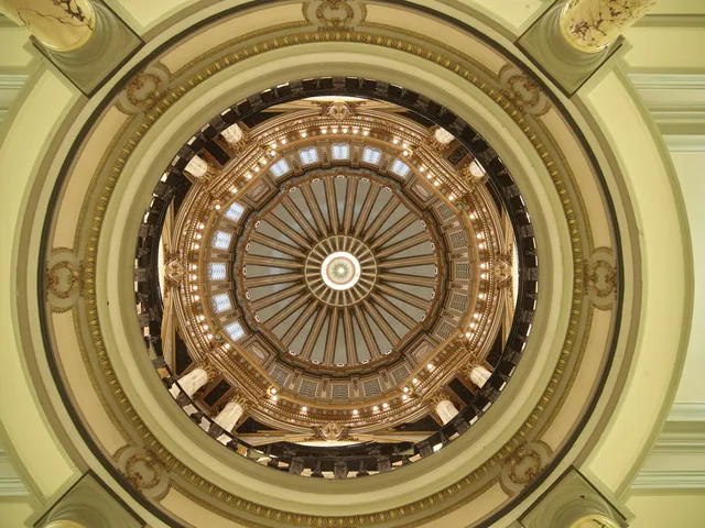 Looking up into the ornate central dome of the Mississippi State Capitol