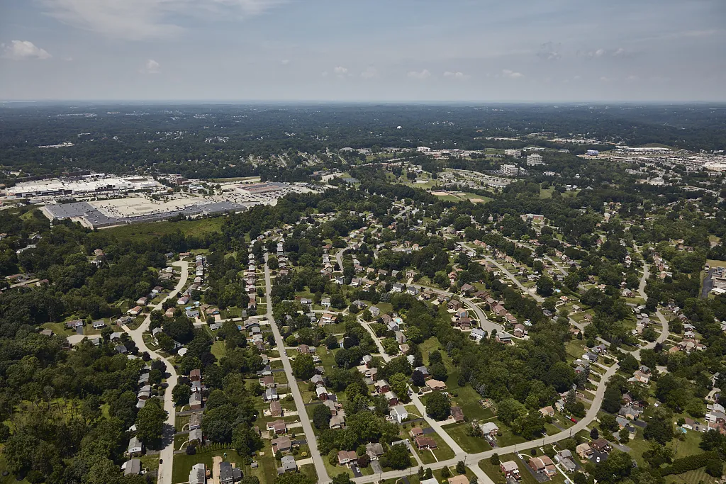 Aerial view of suburban homes and tree-lined streets near Pittsburgh