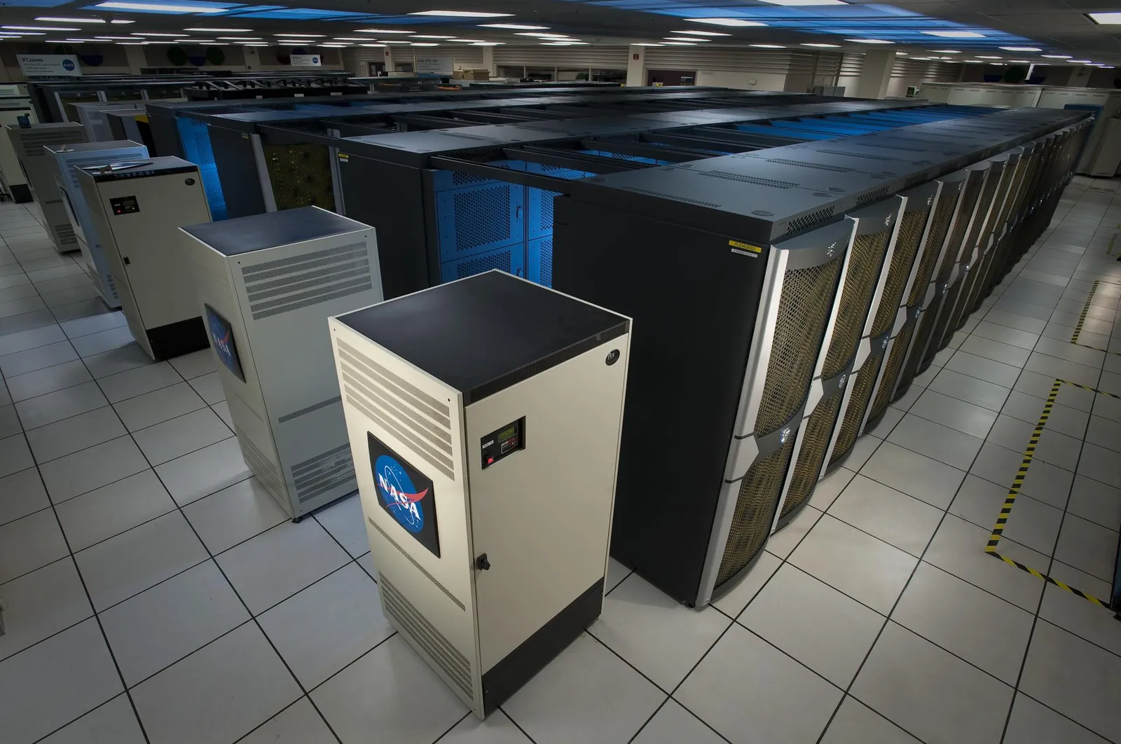 Close-up of supercomputer cabinet panels in a NASA data center