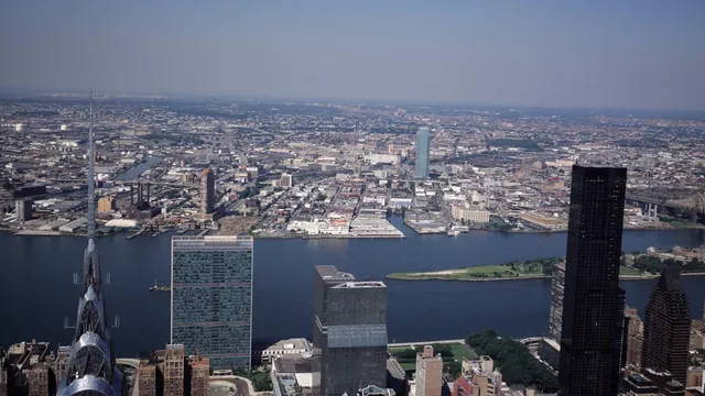 Aerial view of Manhattan's East Side including United Nations headquarters by the East River