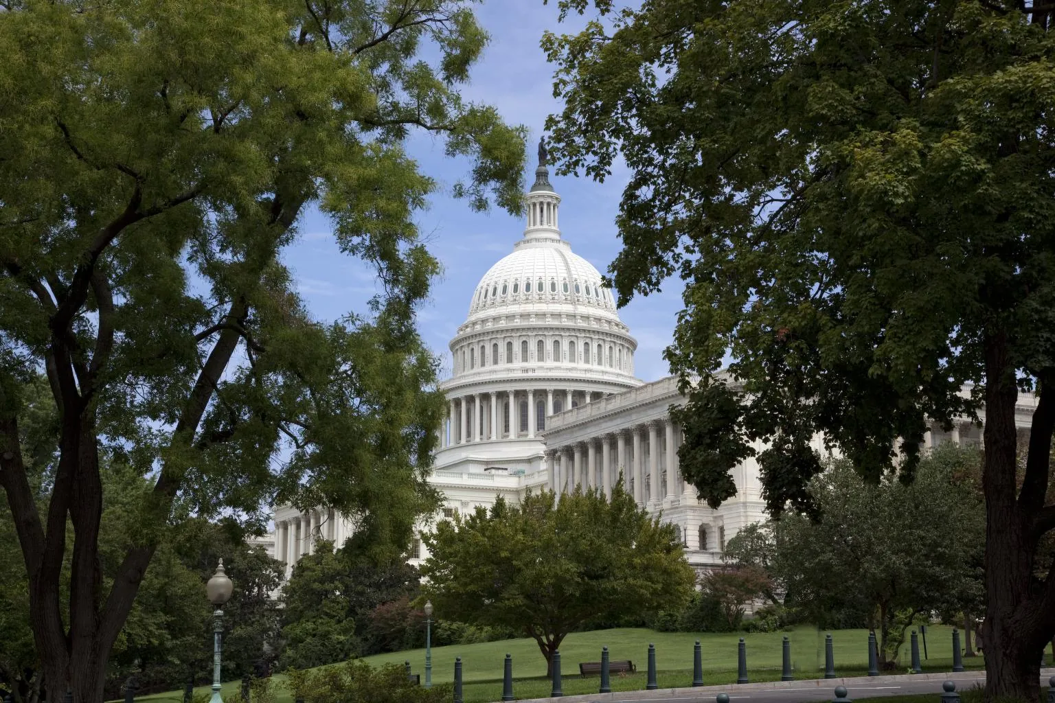The U.S. Capitol dome framed by trees on a summer day